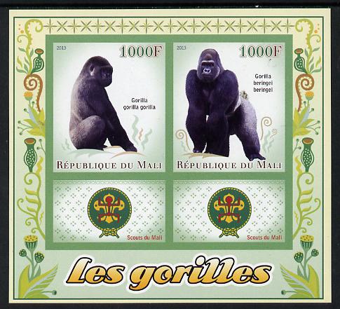 Mali 2013 Gorillas imperf sheetlet containing two values & two labels showing Scouts Badge unmounted mint, stamps on animals, stamps on gorillas, stamps on apes, stamps on scouts