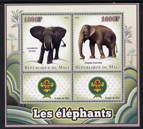 Mali 2013 Elephants perf sheetlet containing two values & two labels showing Scouts Badge unmounted mint, stamps on animals, stamps on elephants, stamps on scouts