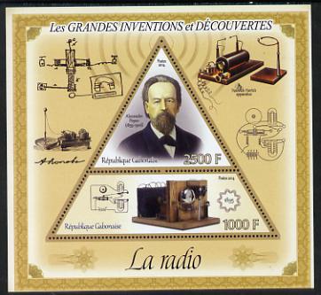 Gabon 2014 Great Inventions & Discoveries - Radio perf sheetlet containing two values (triangular & trapezoidal shaped) unmounted mint, stamps on shaped, stamps on triangular, stamps on triangle, stamps on science, stamps on radio