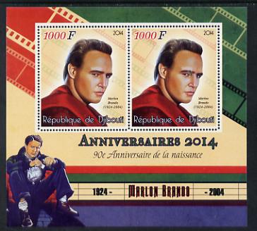 Djibouti 2014 Anniversaries - Marlon Brando perf sheetlet containing two values unmounted mint, stamps on personalities, stamps on brando, stamps on films, stamps on cinema, stamps on movies