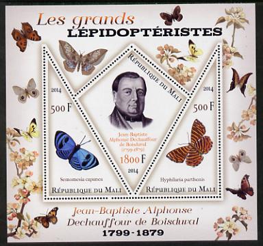 Mali 2014 Famous Lepidopterists & Butterflies - Jean-Baptiste Boisduval perf sheetlet containing one diamond shaped & two triangular values unmounted mint, stamps on personalities, stamps on butterflies, stamps on shaped, stamps on diamond, stamps on triangles, stamps on triangular