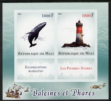Mali 2014 Whales & Lighthouses imperf sheetlet containing two values & two labels unmounted mint, stamps on marine life, stamps on lighthouses, stamps on whales