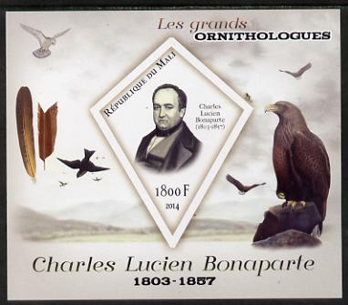 Mali 2014 Famous Ornithologists & Birds - Charles Lucien Bonaparte imperf s/sheet containing one diamond shaped value unmounted mint, stamps on , stamps on  stamps on personalities, stamps on  stamps on birds, stamps on  stamps on 