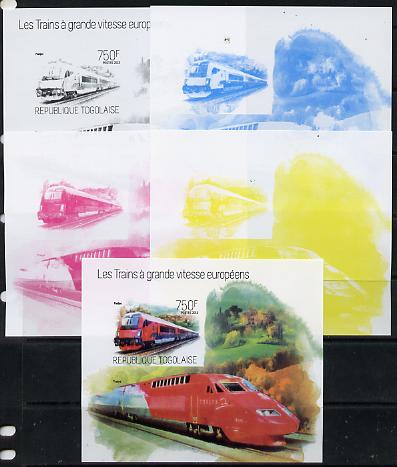 Togo 2013 European High Speed Trains - Railjet s/sheet - the set of 5 imperf progressive proofs comprising the 4 individual colours plus all 4-colour composite, unmounted mint , stamps on railways
