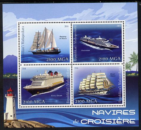 Madagascar 2014 Cruise Ships perf sheetlet containing 4 values unmounted mint , stamps on ships, stamps on lighthouses