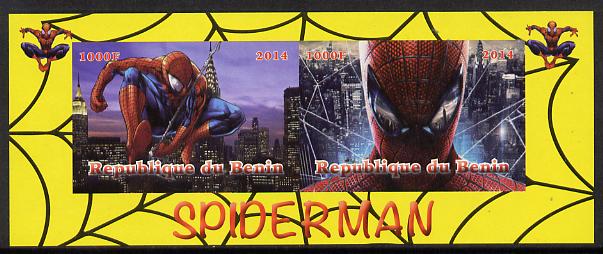 Benin 2014 Spiderman (Comic Strip) imperf sheetlet containing 2 values unmounted mint. Note this item is privately produced and is offered purely on its thematic appeal, stamps on , stamps on  stamps on films, stamps on  stamps on cinema, stamps on  stamps on movies, stamps on  stamps on spiderman, stamps on  stamps on fantasy