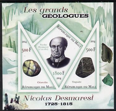 Mali 2014 Famous Gelogists & Minerals - Nicolas Desmarest imperf sheetlet containing one diamond shaped & two triangular values unmounted mint, stamps on personalities, stamps on shaped, stamps on diamond, stamps on triangles, stamps on triangular, stamps on geology, stamps on minerals