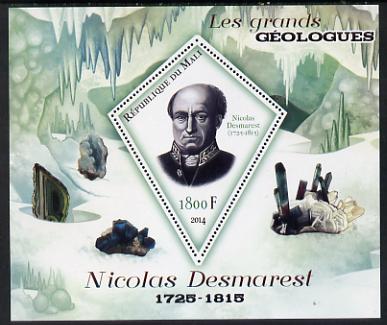 Mali 2014 Famous Gelogists & Minerals - Nicolas Desmarest perf deluxe sheet containing one diamond shaped value unmounted mint, stamps on personalities, stamps on shaped, stamps on diamond, stamps on geology, stamps on minerals