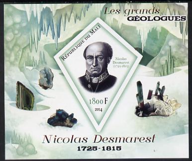 Mali 2014 Famous Gelogists & Minerals - Nicolas Desmarest imperf deluxe sheet containing one diamond shaped value unmounted mint, stamps on personalities, stamps on shaped, stamps on diamond, stamps on geology, stamps on minerals
