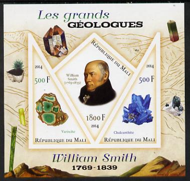 Mali 2014 Famous Gelogists & Minerals - William Smith imperf sheetlet containing one diamond shaped & two triangular values unmounted mint, stamps on personalities, stamps on shaped, stamps on diamond, stamps on triangles, stamps on triangular, stamps on geology, stamps on minerals