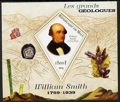 Mali 2014 Famous Gelogists & Minerals - William Smith perf deluxe sheet containing one diamond shaped value unmounted mint, stamps on personalities, stamps on shaped, stamps on diamond, stamps on geology, stamps on minerals