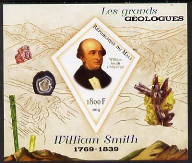 Mali 2014 Famous Gelogists & Minerals - William Smith imperf deluxe sheet containing one diamond shaped value unmounted mint, stamps on personalities, stamps on shaped, stamps on diamond, stamps on geology, stamps on minerals