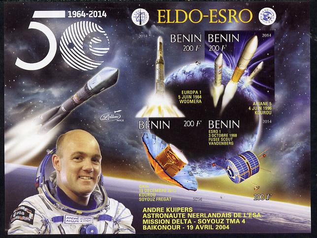 Benin 2014 European Space Research Organisation - Andre Kuipers imperf sheetlet containing 4 values unmounted mint, stamps on space, stamps on personalities, stamps on rockets, stamps on satellites