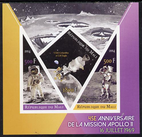 Mali 2014 45th Anniversary of Moon Landing imperf sheetlet containing 3 values (one diamond & two triangular shaped)unmounted mint , stamps on space, stamps on rockets, stamps on apollo, stamps on shaped, stamps on diamond, stamps on triangular, stamps on 