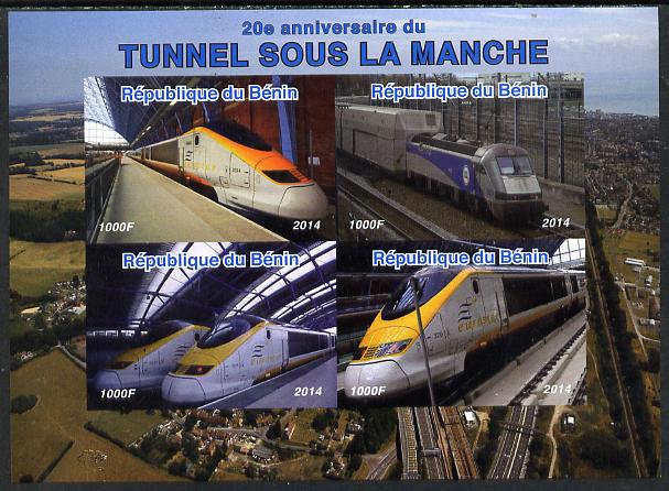 Benin 2014 20th Anniversary of Channel Tunnel imperf sheetlet containing 4 values unmounted mint. Note this item is privately produced and is offered purely on its thematic appeal, stamps on railways, stamps on 