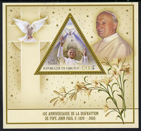 Djibouti 2015 10th Death Anniversay of Pope John Paul II perf s/sheet containing one triangular value unmounted mint, stamps on personalities, stamps on pope, stamps on religion, stamps on popes, stamps on shaped, stamps on triangulars