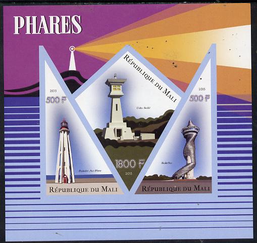 Mali 2015 Lighthouses imperf sheetlet containing one diamond shaped & two triangular values unmounted mint, stamps on lighthouses, stamps on shaped, stamps on triangle, stamps on trianguler, stamps on diamond