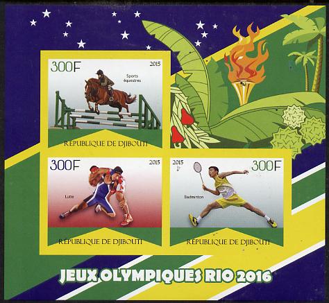 Djibouti 2015 Rio Olympic Games imperf sheet containing 3 values unmounted mint, stamps on olympics, stamps on horses, stamps on wrestling, stamps on badminton