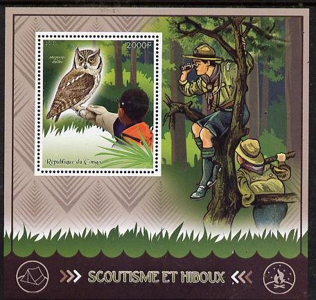 Congo 2015 Scouts & Owls perf deluxe sheet #2 containing one value unmounted mint , stamps on scouts, stamps on birds, stamps on birds of prey, stamps on owls
