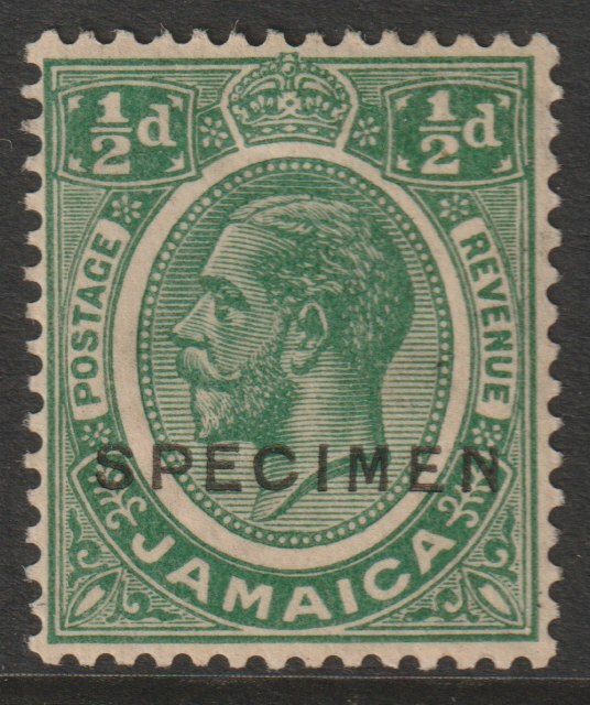 Jamaica 1921 KG5 Multiple Script 1/2d overprinted SPECIMEN with gum but light overall toning, only about 400 produced SG 92s, stamps on specimens