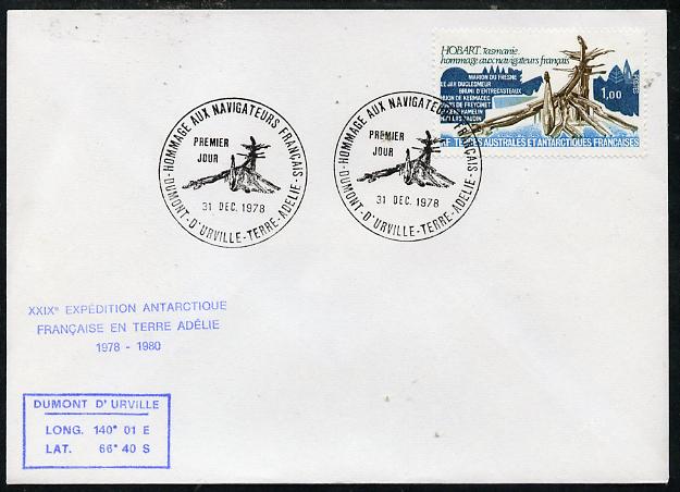 French Southern & Antarctic Territories 1978 cover bearing Navigators stamp (SG 127) with Dumont D'Urville pictorial cancel, stamps on explorers, stamps on polar