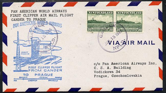 Newfoundland 1946 Pan American Airways First Clipper Air Mail Flight cover to Czechoslovakia with special 'Gander to Prague' Illustrated Cachet and bearing 2 x 20c (Cape Race & Beacon) adhesives (SG 286), stamps on aviation    lighthouses, stamps on  kg6 , stamps on 