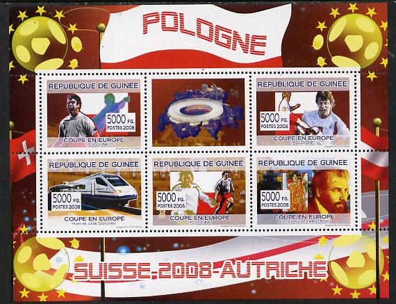Guinea - Conakry 2008 European Football Championship - Poland perf sheetlet containing 5 values plus label unmounted mint, stamps on , stamps on  stamps on football, stamps on  stamps on railways, stamps on  stamps on arts