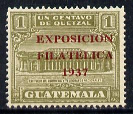 Guatemala 1937 1c olive (GPO Building) opt'd 'Exposicion Filatelica 1937' unmounted mint SG 324, stamps on postal, stamps on stamp exhibitions