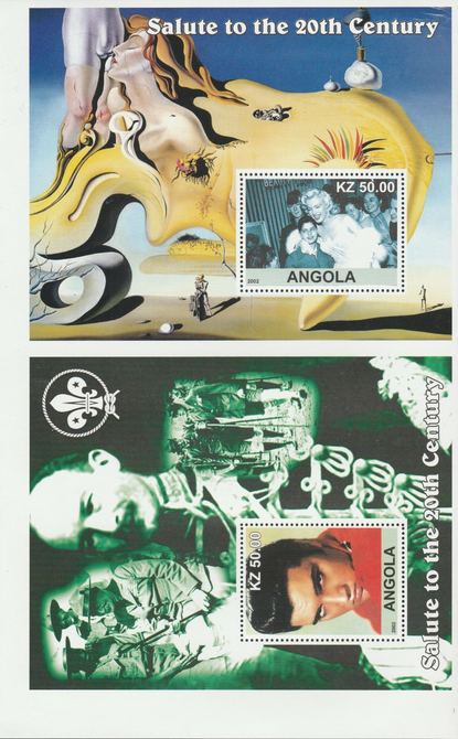 Angola 2002 uncut proof pair of perforated m/sheets (Elvis, Dali, Scouts & Marilyn) unmounted mint. Note this item is privately produced and is offered purely on its thematic appeal  (overall size approx 230 x 155 mm)  This item has no postal validity                                                                                                                                                                                                                                                                                                                                                                                                                                                                                                                                                                                                                                                                                                                                                                                                                                                                                               , stamps on elvis, stamps on dali, stamps on scouts, stamps on marilyn