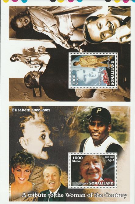 Somaliland 2002 uncut proof pair of perforated m/sheets (Elvis, Walt Disney, Einstein, Diana, Queen Mother & Marilyn) unmounted mint. Note this item is privately produced and is offered purely on its thematic appeal  (overall size approx 230 x 155 mm)  This item has no postal validity                                                                                                                                                                                                                                                                                                                                                                                                                                                                                                                                                                                                                                                                                                                                                                                                                                                                                               , stamps on elvis, stamps on disney, stamps on royalty, stamps on  marilyn, stamps on einstein