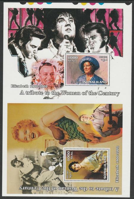 Somaliland 2002 uncut proof pair of perforated m/sheets (Elvis, Baseball, Marilyn, Walt Disney & Queen Mother) unmounted mint. Note this item is privately produced and is offered purely on its thematic appeal  (overall size approx 230 x 155 mm)  This item has no postal validity                                                                                                                                                                                                                                                                                                                                                                                                                                                                                                                                                                                                                                                                                                                                                                                                                                                                                               , stamps on , stamps on royalty, stamps on baseball, stamps on disney, stamps on queen mother, stamps on elvis, stamps on marilyn