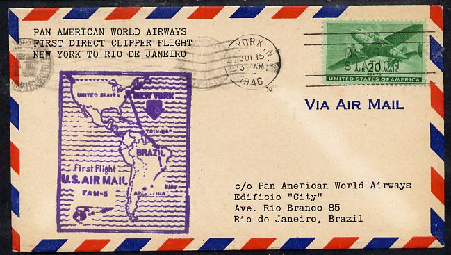 United States 1946 Pan American Airways First Clipper Air Mail Flight cover to Brazil (Rio de Janeiro) with special illustrated Cachet (Map of Route) and bearing 20c Airmail adhesive, stamps on aviation         maps
