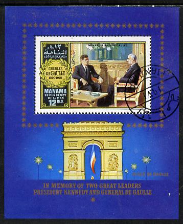Manama 1972 Charles de Gaulle m/sheet (Seated with Kennedy) cto used, Mi BL 130A, stamps on , stamps on  stamps on constitutions  personalities    kennedy      de gaulle, stamps on  stamps on personalities, stamps on  stamps on de gaulle, stamps on  stamps on  ww1 , stamps on  stamps on  ww2 , stamps on  stamps on militaria