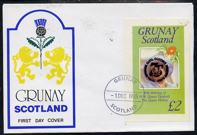 Grunay 1985 Life & Times of HM Queen Mother imperf deluxe sheet (\A32 value) with Girl Guide 75th Anniversary opt in black, on cover with first day cancel, stamps on scouts, stamps on royalty, stamps on queen mother