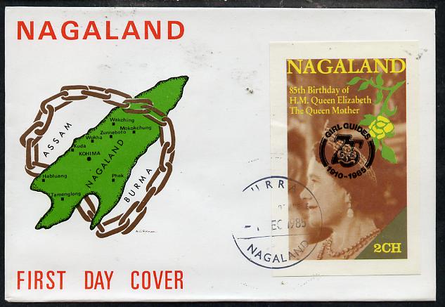 Nagaland 1985 Life & Times of HM Queen Mother imperf deluxe sheet (2ch value) with Girl Guide 75th Anniversary opt in black, on cover with first day cancel, stamps on scouts, stamps on royalty, stamps on queen mother