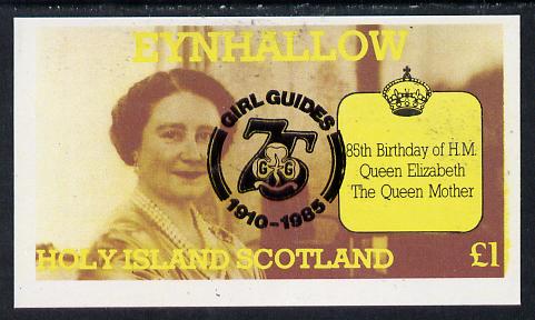 Eynhallow 1985 Life & Times of HM Queen Mother imperf souvenir sheet (Â£1 value) with Girl Guide 75th Anniversary opt in black unmounted mint, stamps on scouts, stamps on royalty, stamps on queen mother
