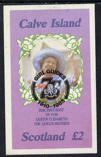 Calve Island 1985 Life & Times of HM Queen Mother imperf deluxe sheet (Â£2 value) with Girl Guide 75th Anniversary opt in black unmounted mint, stamps on scouts, stamps on royalty, stamps on queen mother