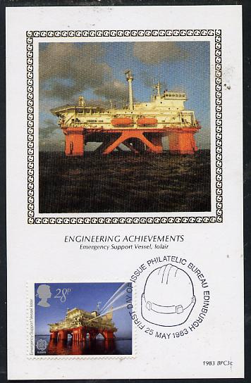 Great Britain 1983 Europa - Engineering Achievements 28p (Oil Rig) on Benham silk picture card with special first day cancel, stamps on europa, stamps on  oil , stamps on technology    engineering