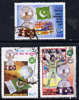 Pakistan 1992 Victory in World Cup Cricket set of 3 commercially used, SG 861-63, stamps on cricket, stamps on sport