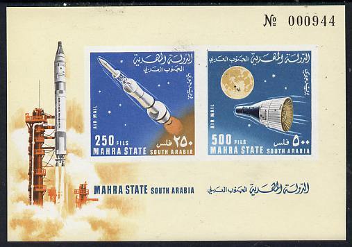 Aden - Mahra 1967 Rockets imperf m/sheet unmounted mint, Mi BL 6B, stamps on space