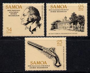 Samoa 1982 George Washington set of 3 unmounted mint SG 612-14, stamps on personalities, stamps on militaria, stamps on americana    usa-presidents