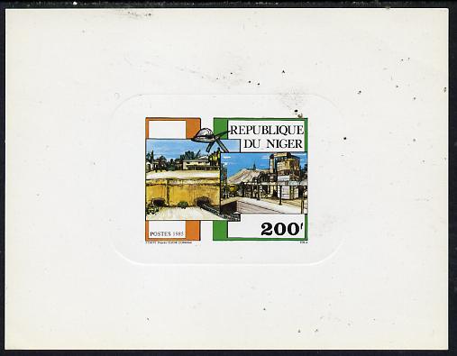 Niger Republic 1985 Philexafrique deluxe die proof of 200f (Mining) on sunken card, as SG 1035, stamps on mining     minerals