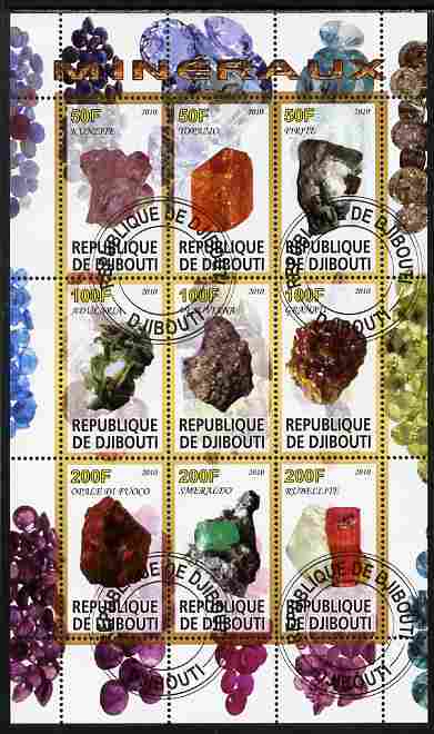 Djibouti 2010 Minerals perf sheetlet containing 9 values fine cto used, stamps on minerals