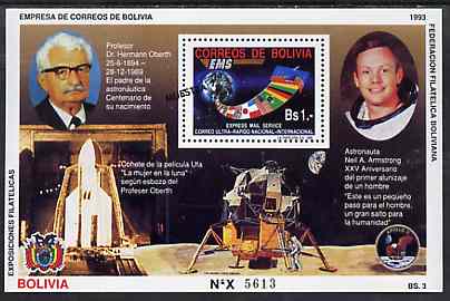 Bolivia 1993 Space Achievements perf m/sheet featuring Mail Service stamp opt'd MUESTRA unmounted mint, stamps on flags    space    postal