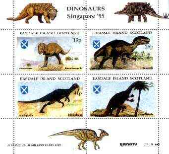 Easdale 1995 'Singapore 95' Stamp Exhibition (Dinosaurs #1 - Jurassic Period) perf sheetlet containing set of 4 rejected by printer due to over-inking (blue) unmounted mint, stamps on stamp exhibitions, stamps on dinosaurs