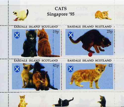 Easdale 1995 'Singapore 95' Stamp Exhibition (Cats) sheetlet containing perf set of 4 rejected by printer due to over-inking (blue) unmounted mint, stamps on , stamps on  stamps on cats