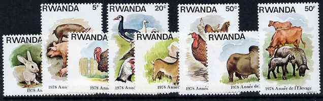 Rwanda 1978 Stock Rearing Year - Farm Animals set of 8 unmounted mint, SG 903-10*, stamps on animals   goats   geese    ducks     oxen     sheep   ovine     bovine     pigs