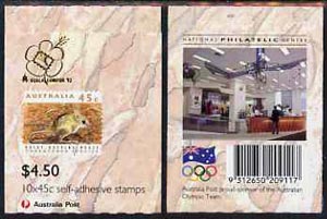 Australia 1992 Threatened Species $4.50 self-adhesive booklet complete (without Olympic Draw flash, with Nat Philatelic Centre advert on back & Kuala Lumpur 92 on front) ..., stamps on animals      self adhesive