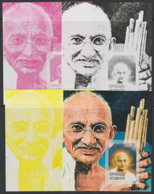 Djibouti 2007 Gandhi s/sheet #2 (vert format) - the set of 5 imperf progressive proofs comprising the 4 individual colours plus all 4-colour composite, unmounted mint , stamps on personalities, stamps on gandhi, stamps on constitutions, stamps on 