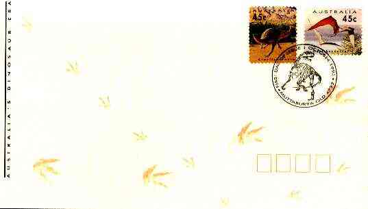 Australia 1993 Prehistoric Animals cover bearing the two self-adhesive stamps (ex coils) with special first day cancel (SG 1430-31), stamps on dinosaurs    self adhesive